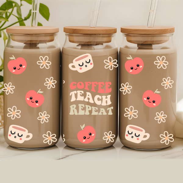 Coffee Teach Repeat 16 oz Glass Can - Perfect Gift for Teachers