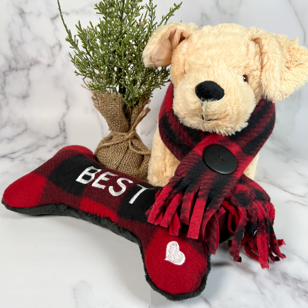 Personalized Dog Bone Toy - Best Dog Buffalo Plaid With Matching Scarf